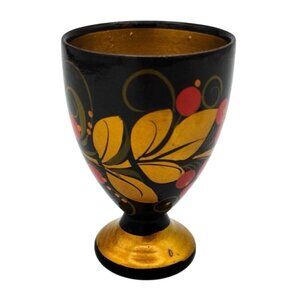 Wooden Egg Cup Vintage Russian Khokhloma Hand Painted Folk Art Lacquered 2.5 In